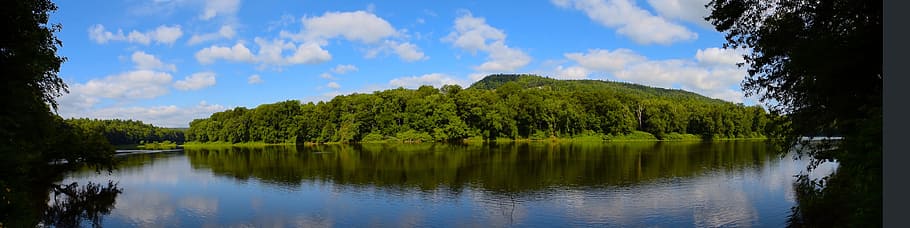 landscape, lake, sky, reflection, clouds, sunlight, green, summer HD wallpaper