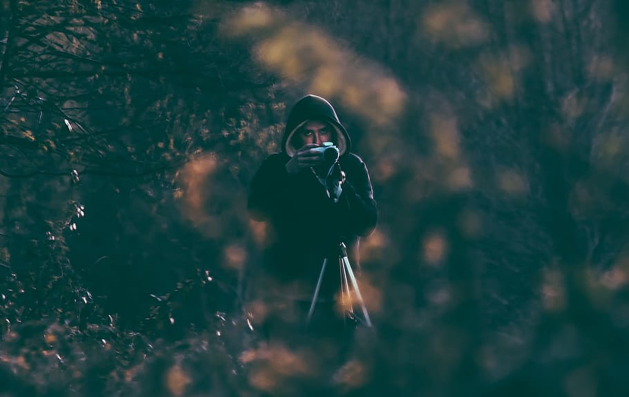 person in black hoodie in middle of trees, camera, dark, forest HD wallpaper