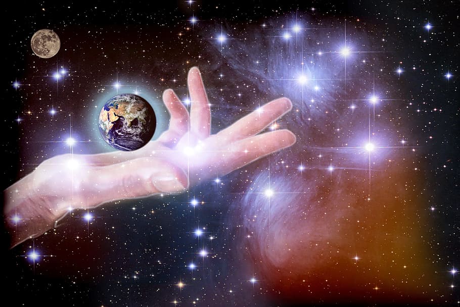 human arm holding planet illustration, earth, moon, space, globe HD wallpaper