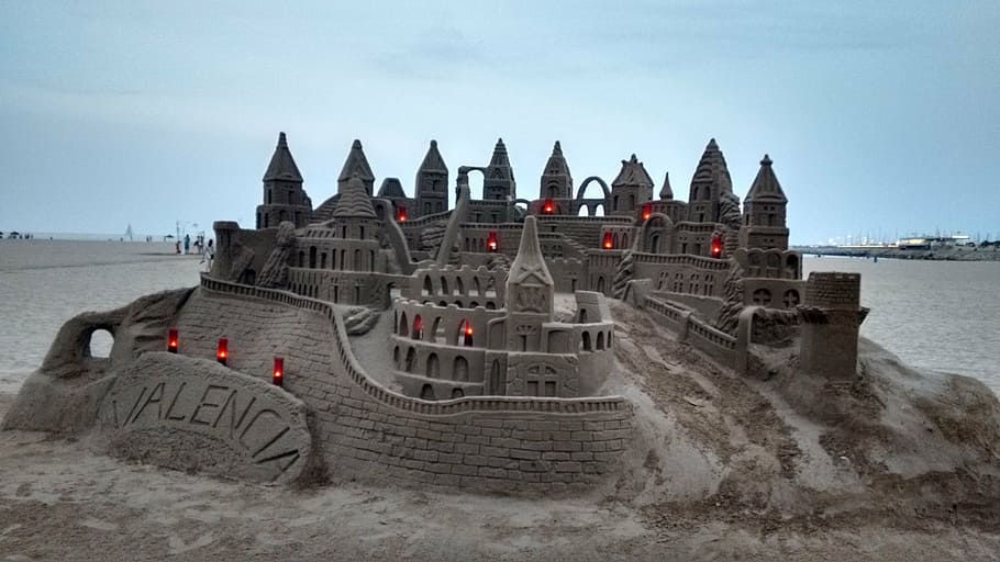 castle, sand, beach, sea, sky, water, nature, transportation HD wallpaper