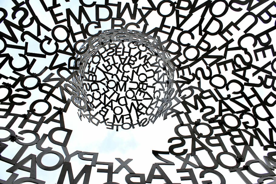 black swirl of letters, alphabet illusion artwork, abstract, sky HD wallpaper