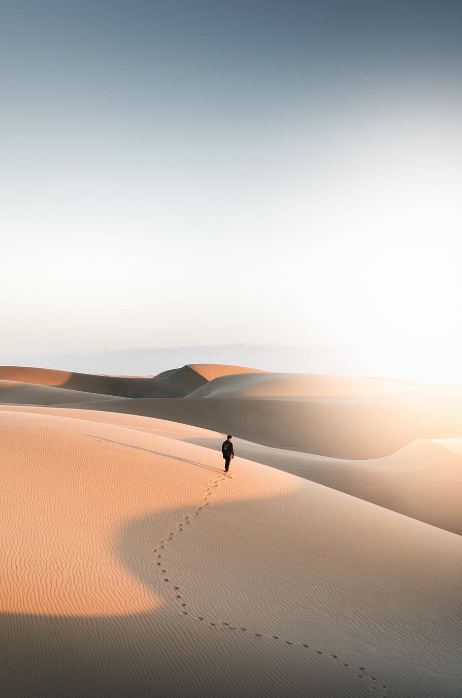 person walking on desert, man standing in the middle of desert