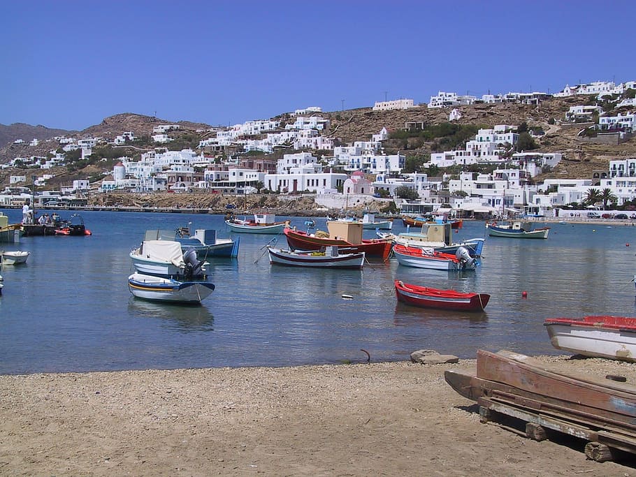 mykonos, greece, boats, mediterranean, blue, greek, island, HD wallpaper