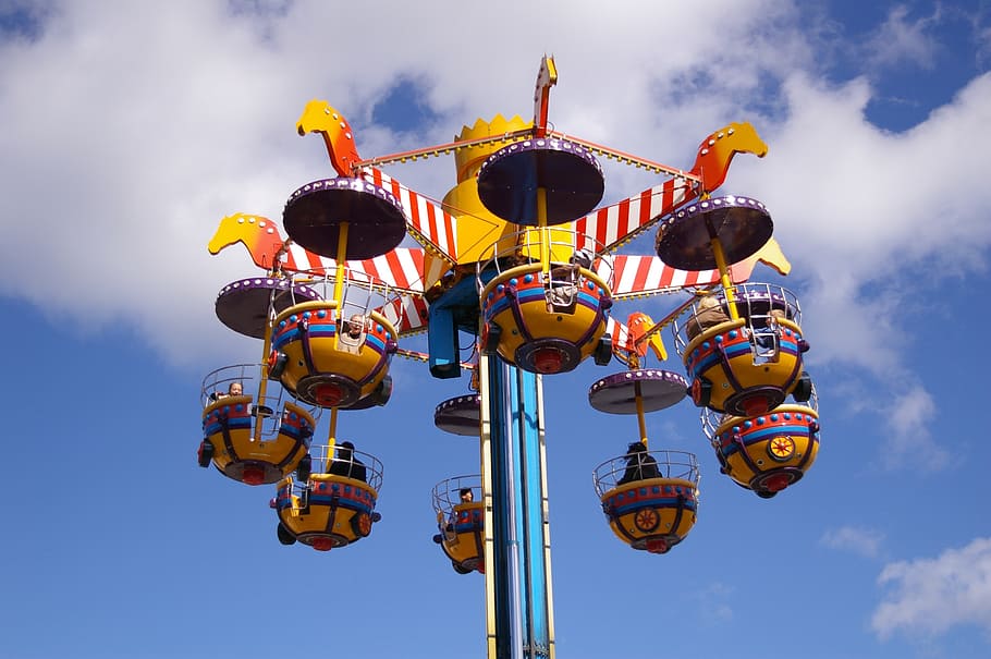 Amusement park ride, fun fair, funfair, colorful, summer, sunlight, HD wallpaper