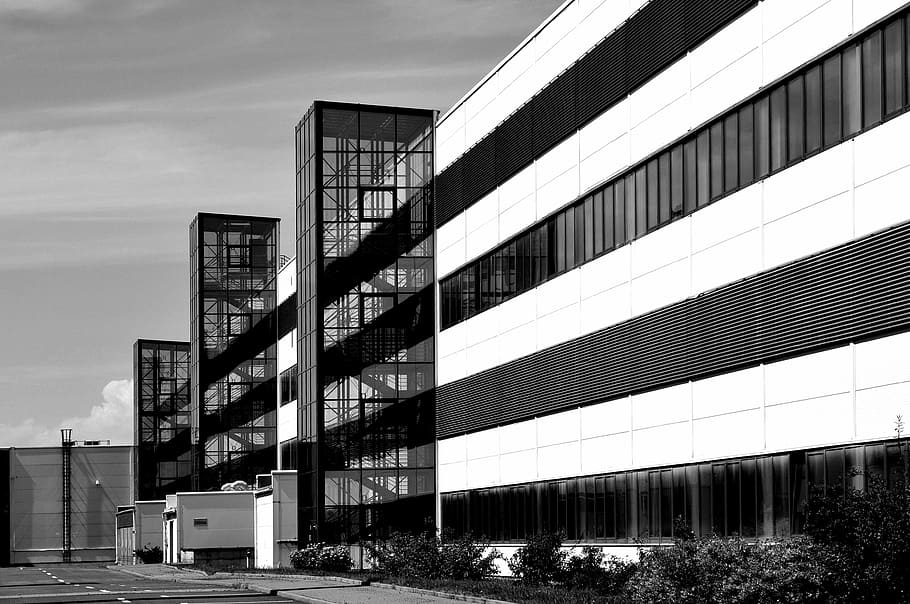 grayscale photography of building, factory, line, glass, composition HD wallpaper