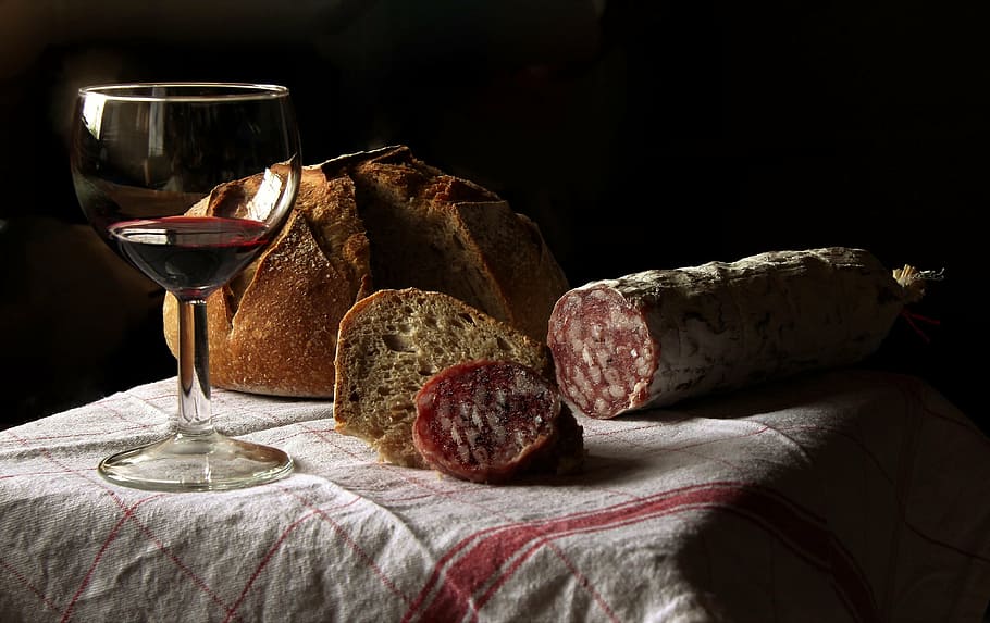 wine glass and bread on table, aperitif, drink, still lifes, alcohol