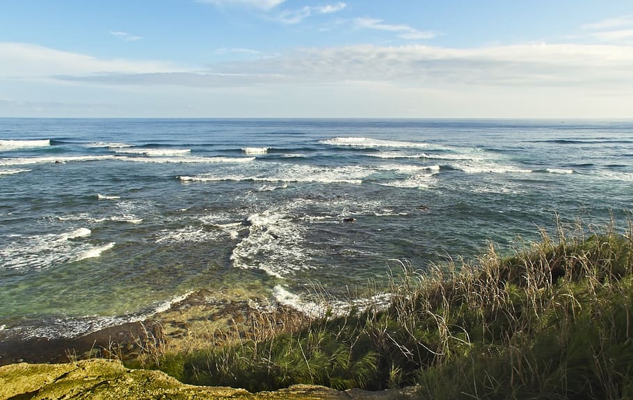 ocean, currents, surf, cliffs, seashore, water, nature, sky HD wallpaper