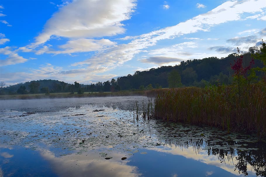 lake, water, reflection, sky, clouds, blue, landscape, outdoors HD wallpaper