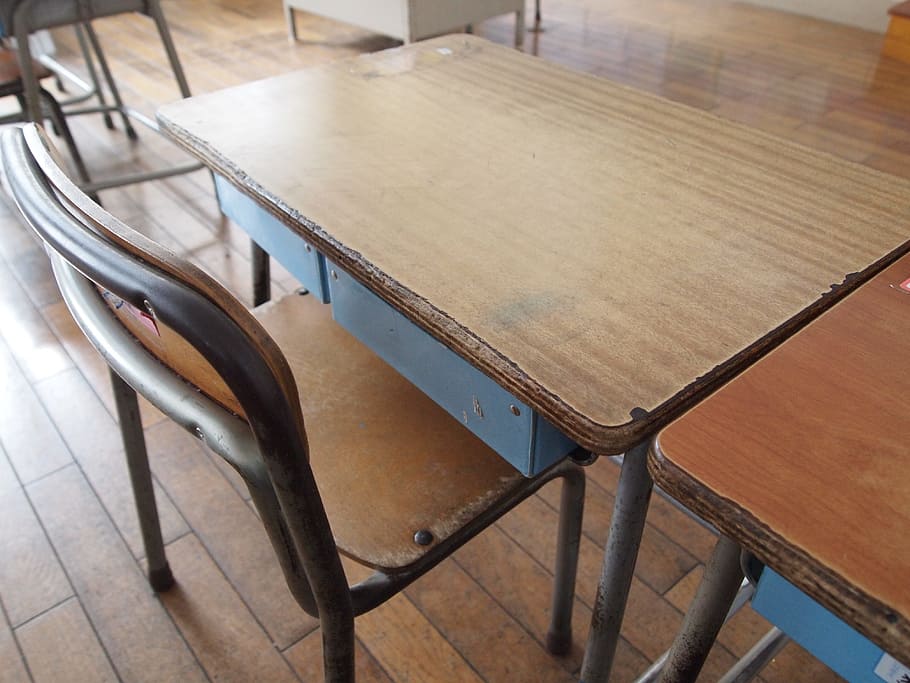 rectangular brown wooden table beside armless chair, school HD wallpaper