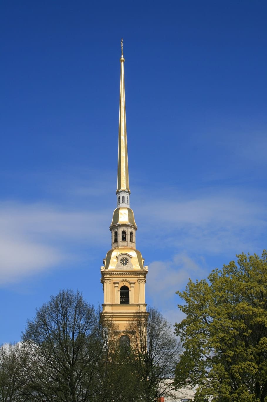 tower, bell, spire, gold, tall, landmark, trees, sky, blue HD wallpaper
