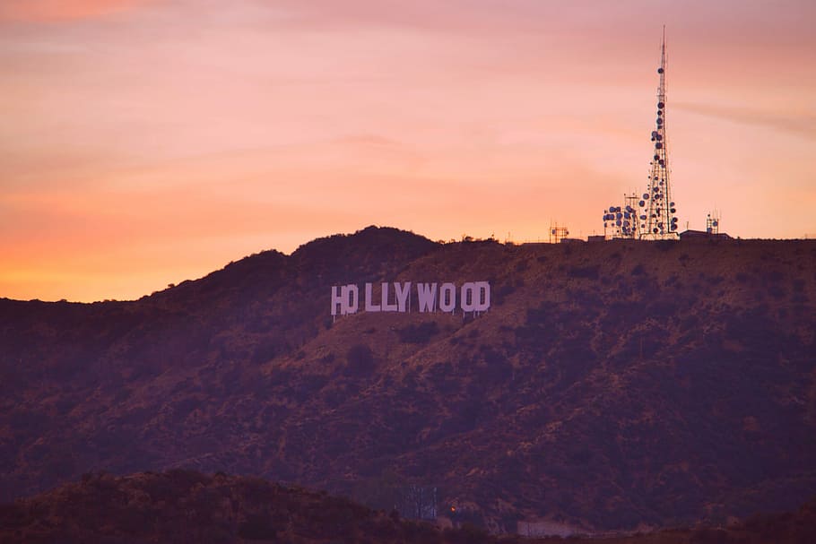 stock photo of Hollywood at Los Angeles California during orange sunset