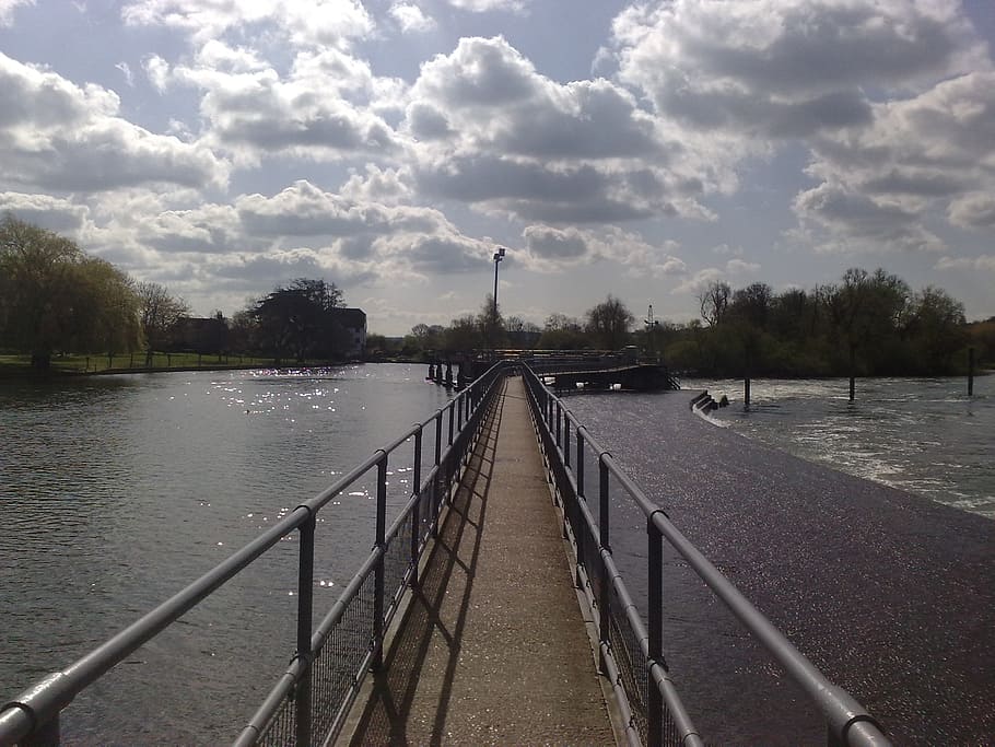 Weir, Thames, River, England, Sky, clouds, fluffy, bridge - Man Made Structure HD wallpaper