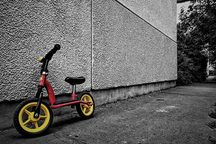 bike, yellow, red, wall, transportation, mode of transportation HD wallpaper
