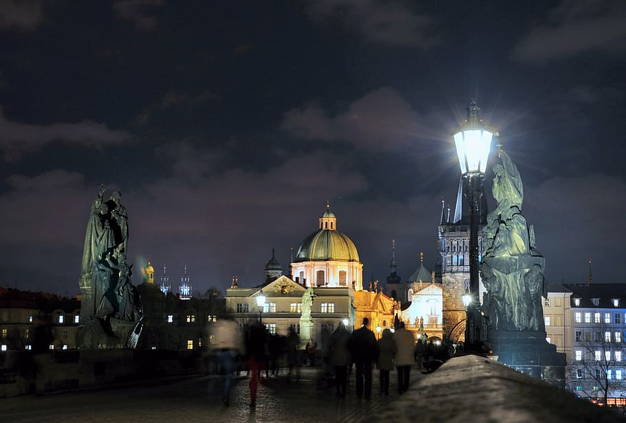 prague, night, bridge, history, light, monument, statue, architecture HD wallpaper