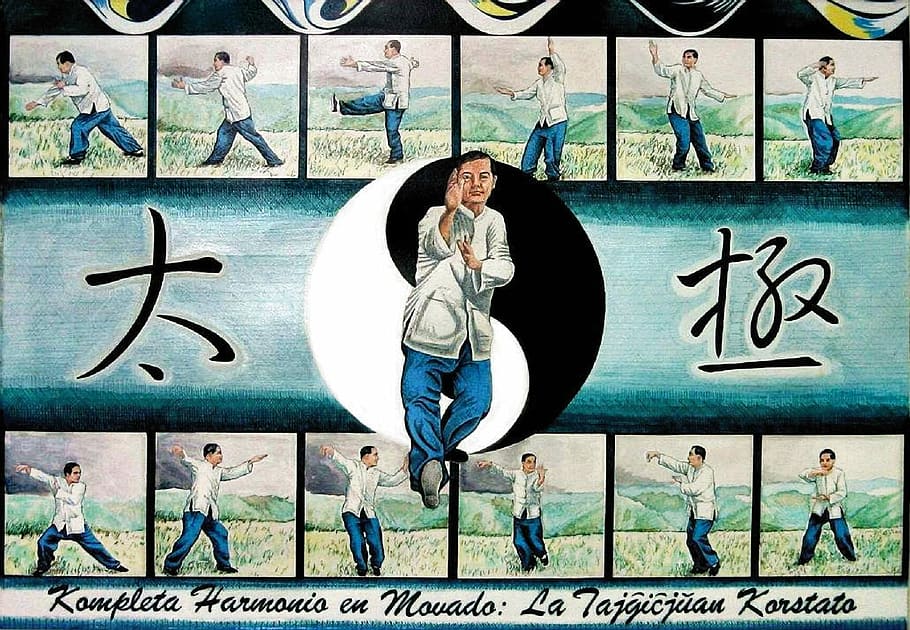 Karate man practicing in front of Yin-Yang, artwork, excercise HD wallpaper