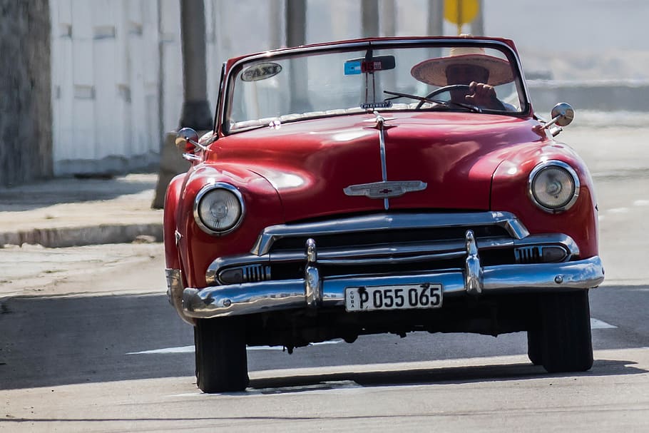 person driving classic red vehicle on road, cuba, havana, car, HD wallpaper