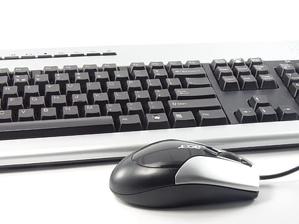black-and-white Acer corded mouse beside keyboard, typing, office HD wallpaper