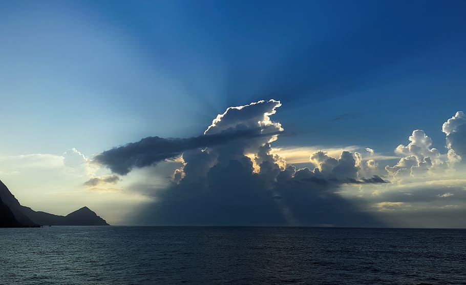 cumulus cloud formation, sea, ocean, water, sunset, dusk, sky HD wallpaper