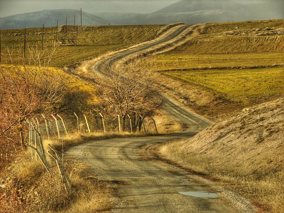 empty road between grass, ankara, fields, farm, landscape, mountains HD wallpaper