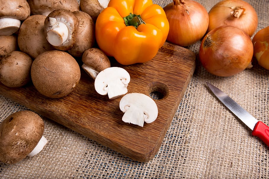 mushrooms, pepper, closeup, onion, knife, board, still life HD wallpaper