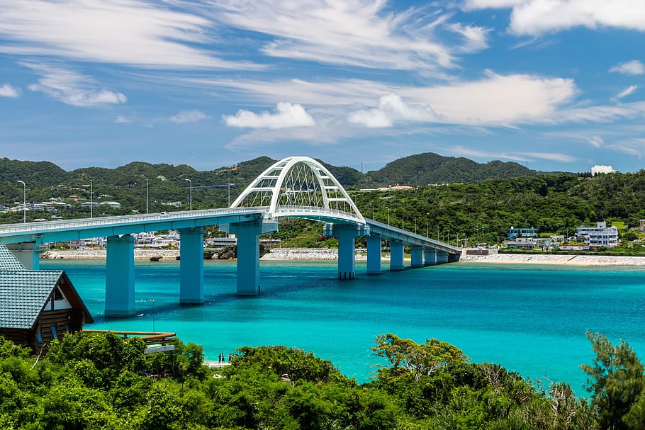 bridge, infrastructure, blue, sea, ocean, beach, shore, coast HD wallpaper