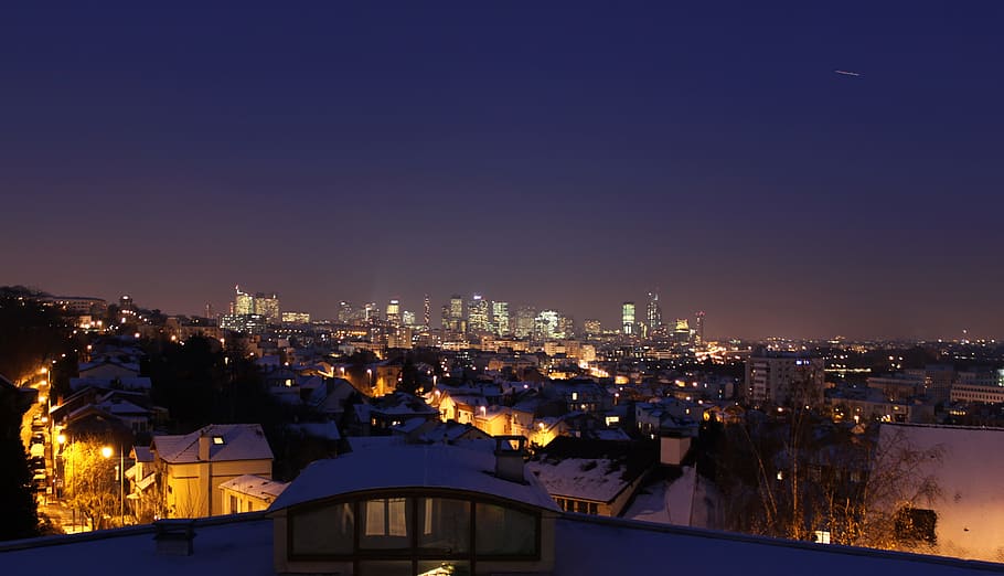 Defence, Winter, Night, Light, Landscape, paris, suresnes, illuminated HD wallpaper