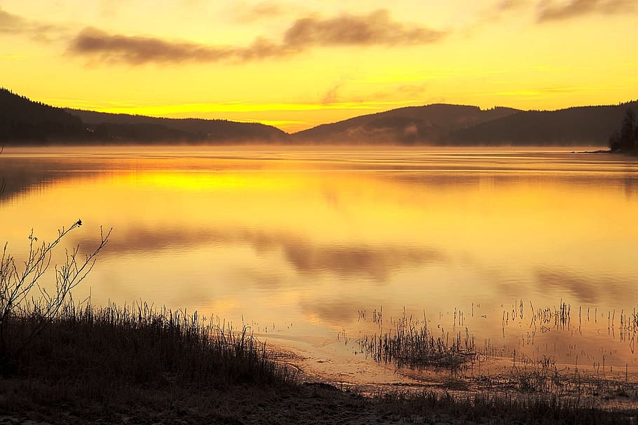 lake during golden hour, sunset, colorful, reflection, orange HD wallpaper
