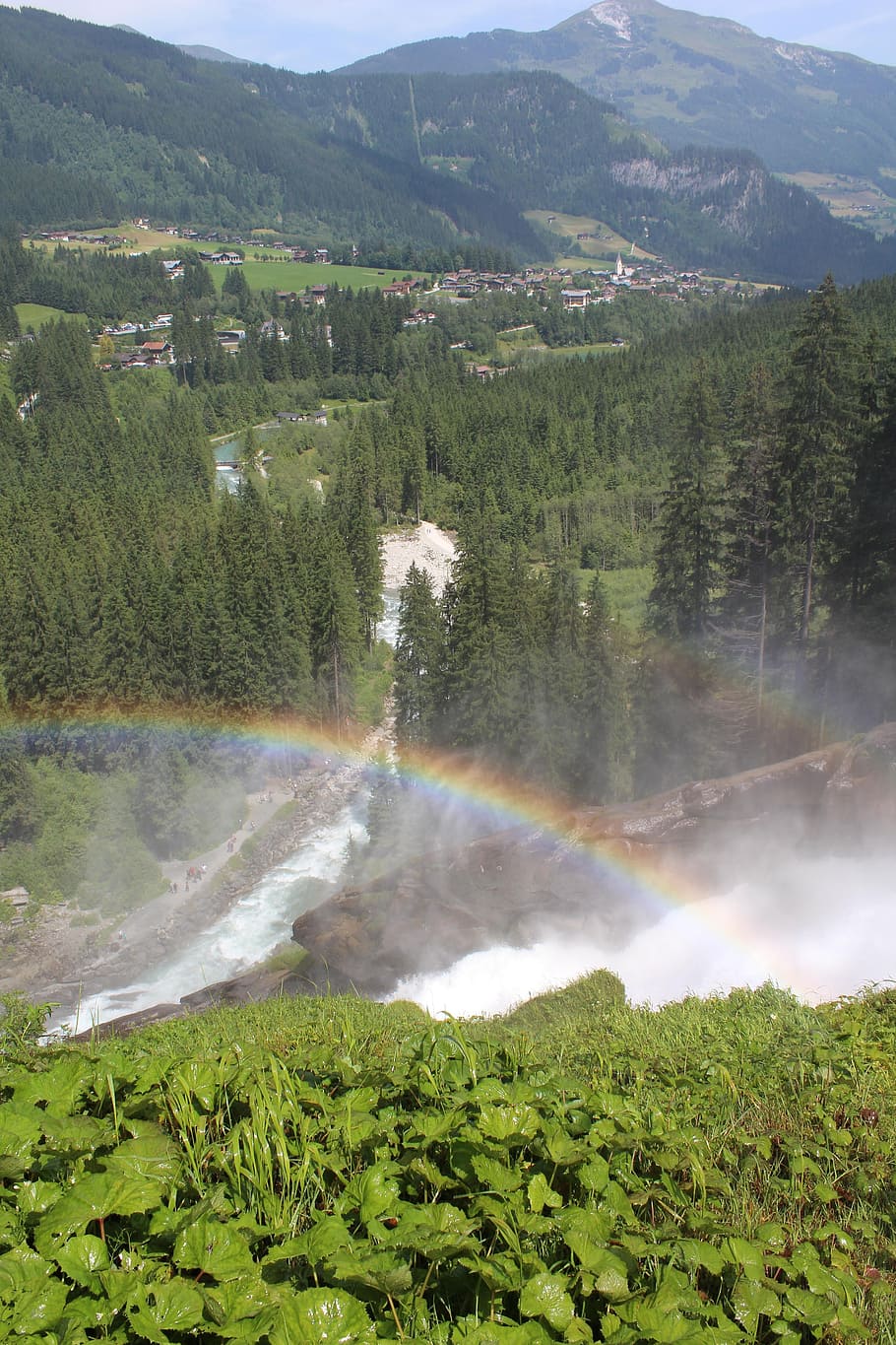 mountain, mountains, landscape, nature, waterfall, rainbow HD wallpaper