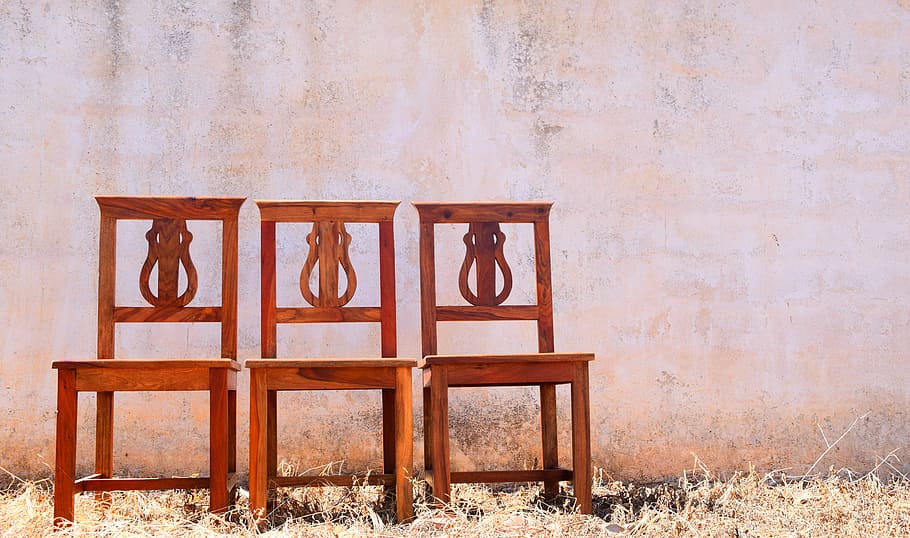 three brown wooden chairs beside pink wall, mediterranean, seat HD wallpaper
