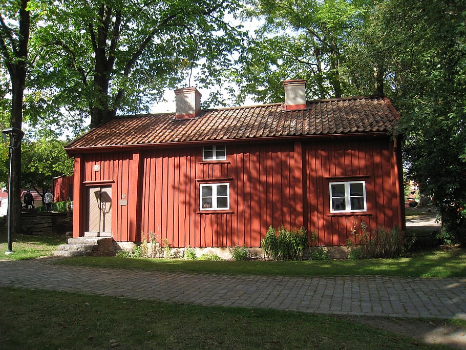 House, Old, Red, Red, Tree, Sky Blue, summer, window, door HD wallpaper