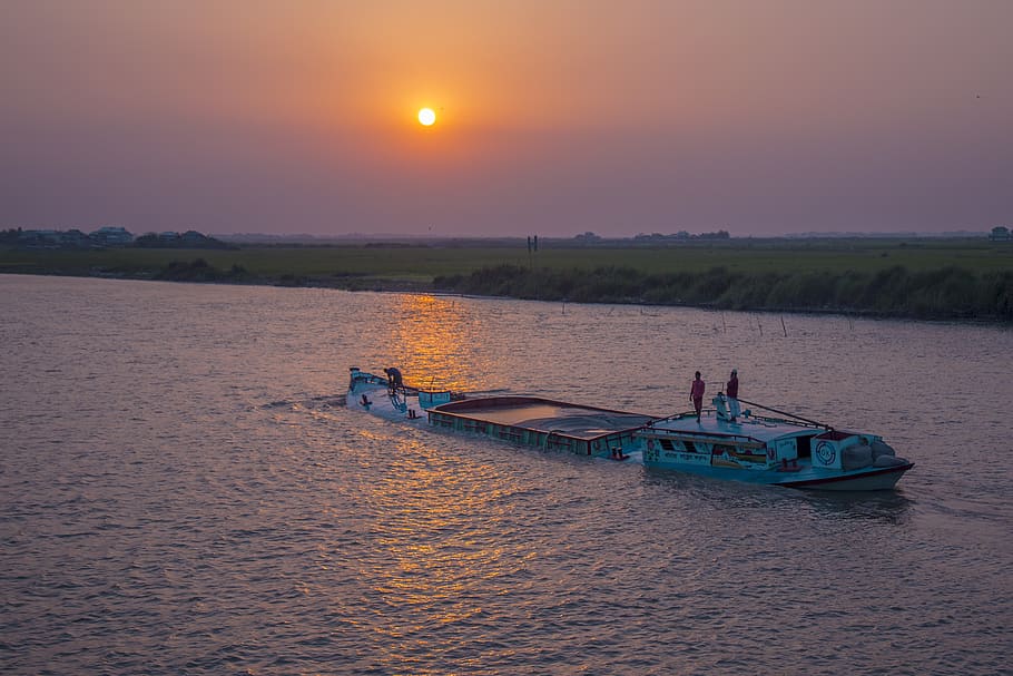 river, sun, sky, water, nature, sunset, transportation, mode of transportation HD wallpaper
