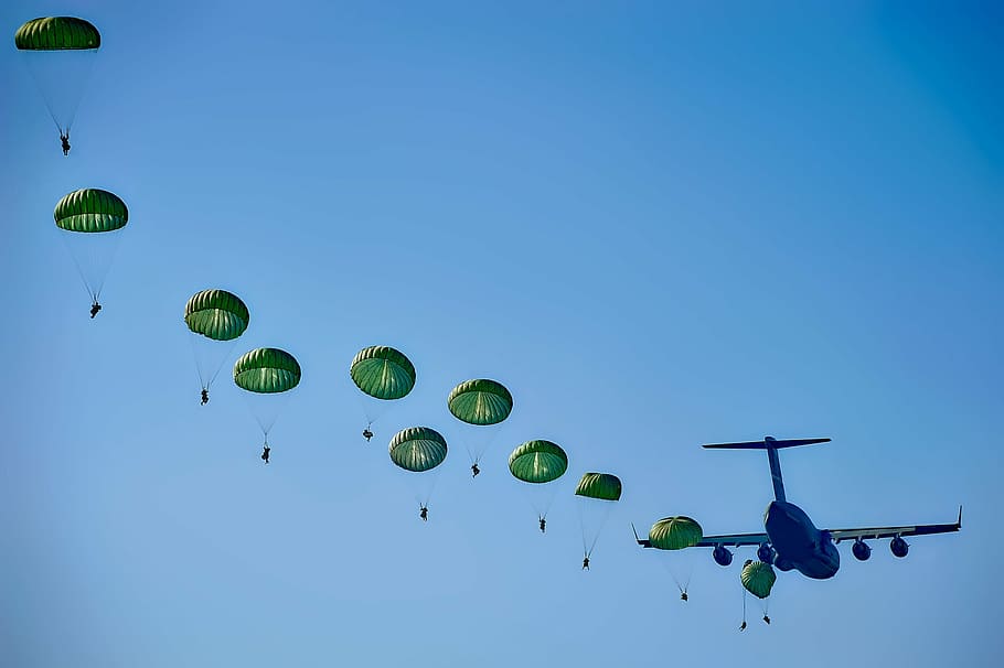 blue airplane and green parachutes, army, rangers, parachuting HD wallpaper