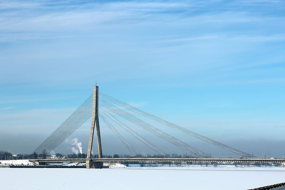 bridge, architecture, river, sky, blue, snow, frozen, cable-stayed bridge HD wallpaper