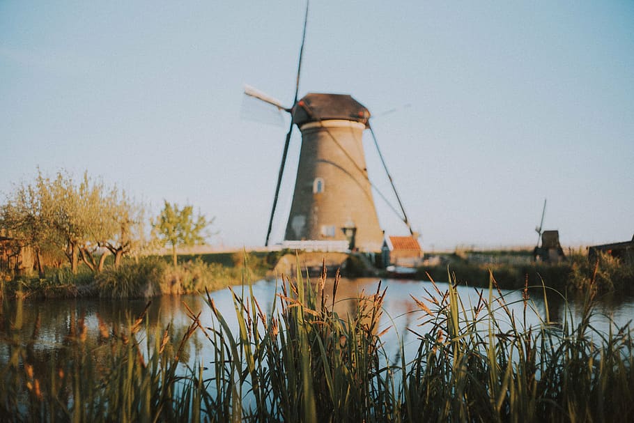 brown windmill beside body of water, houses, park, netherland, HD wallpaper