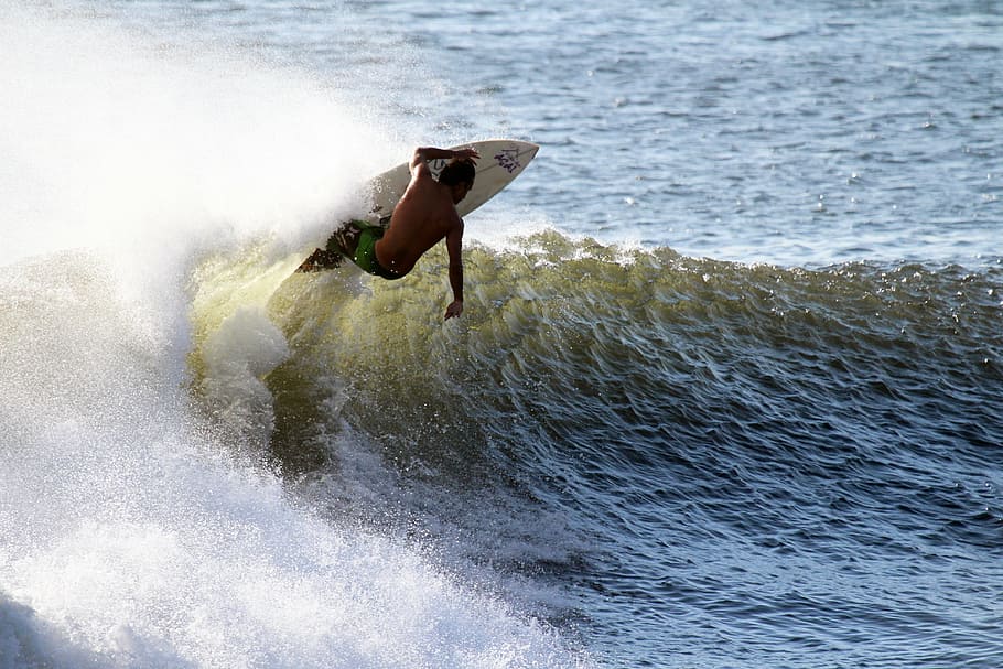 man riding on white surfing board, surfer, wave, ocean, sea HD wallpaper