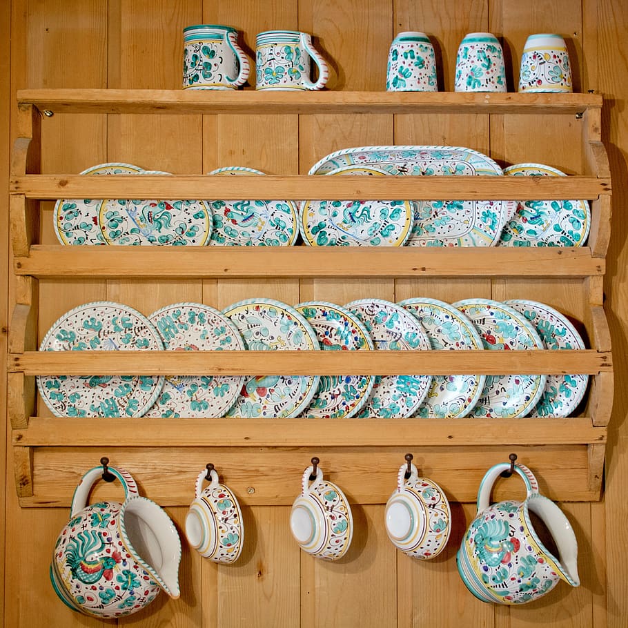 brown wooden floating dinnerware shelf with blue floral ceramic dinnerwares HD wallpaper