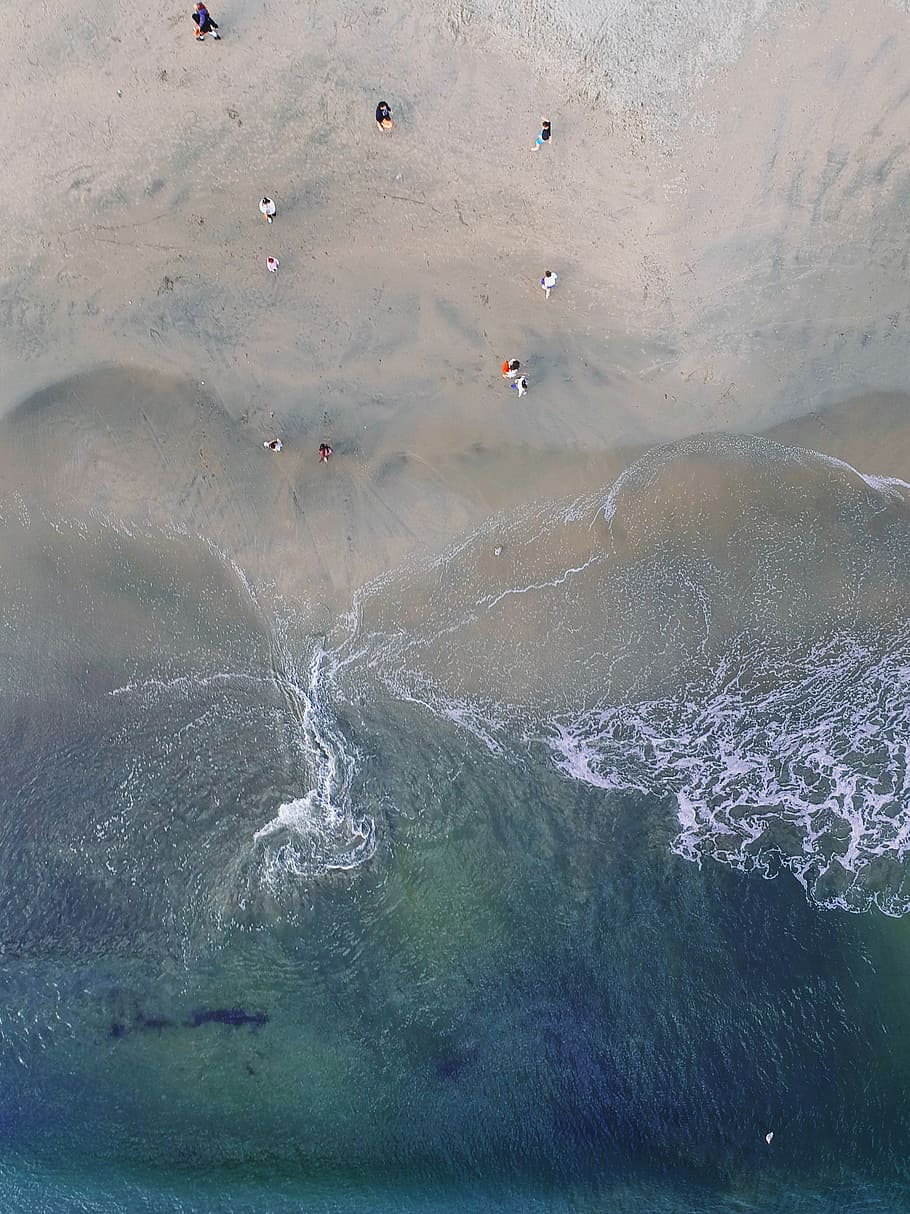 aerial view of people on seashore, aerial photography of people on shore