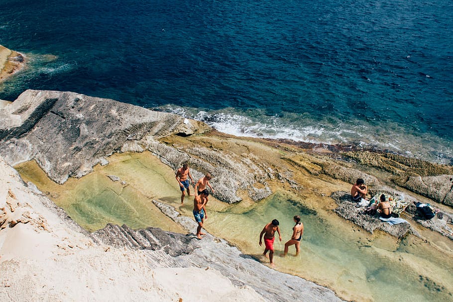 walkkk, people swimming on sea at daytime, rock, vacation, beach HD wallpaper