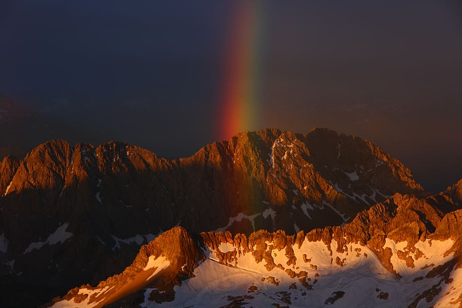 landscape photography of rainbow near rock formation, zugspitze, HD wallpaper