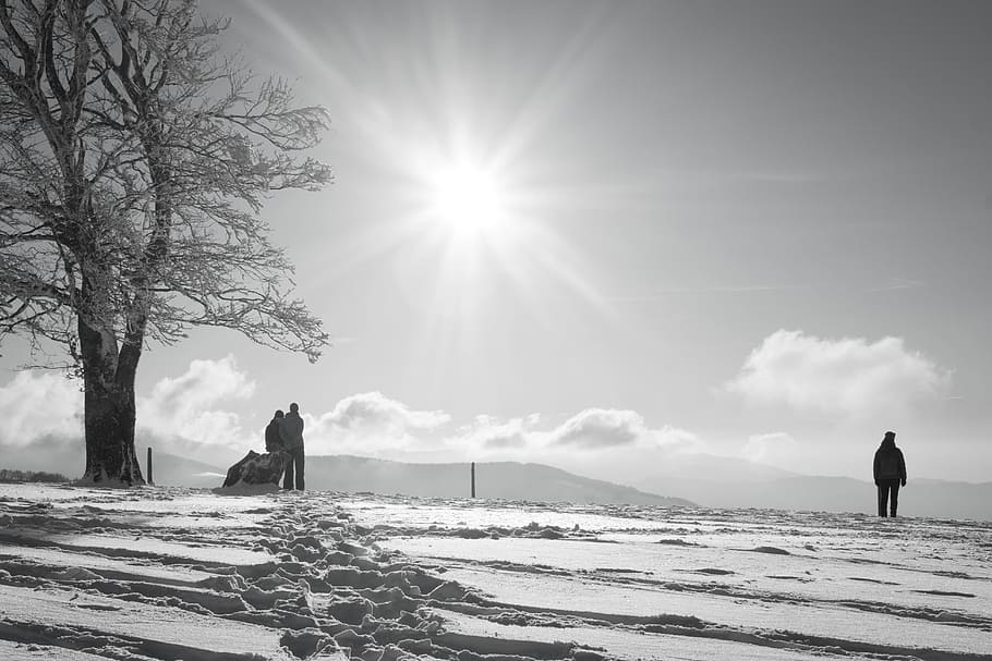 cold, snow, landscape, nature, adults, black and white, clouds HD wallpaper