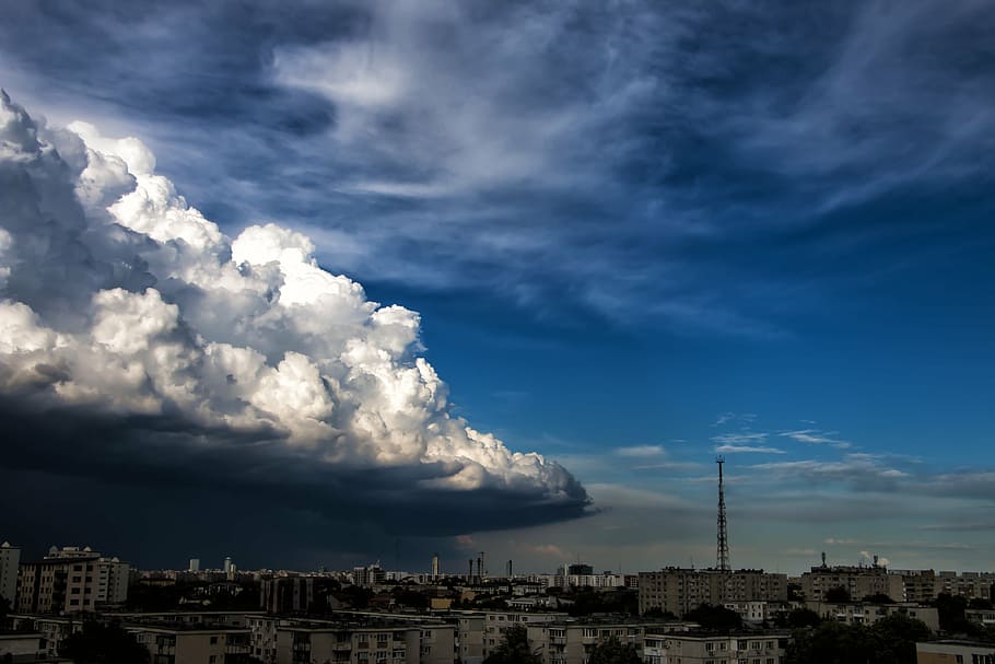 white cloud formation above city, threat, sky, beauty of nature HD wallpaper