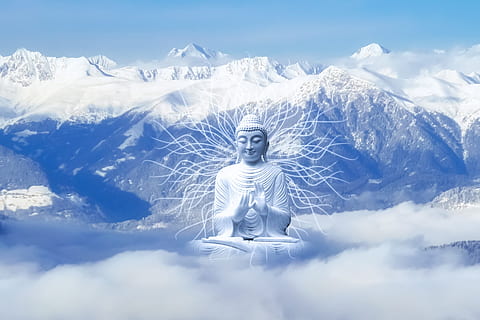 snow, mountain, winter, mountain summit, sky, buddha, new age HD wallpaper