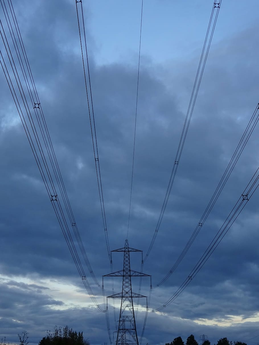 pylon, cables, electricity, power, industrial, wire, sky, grid HD wallpaper