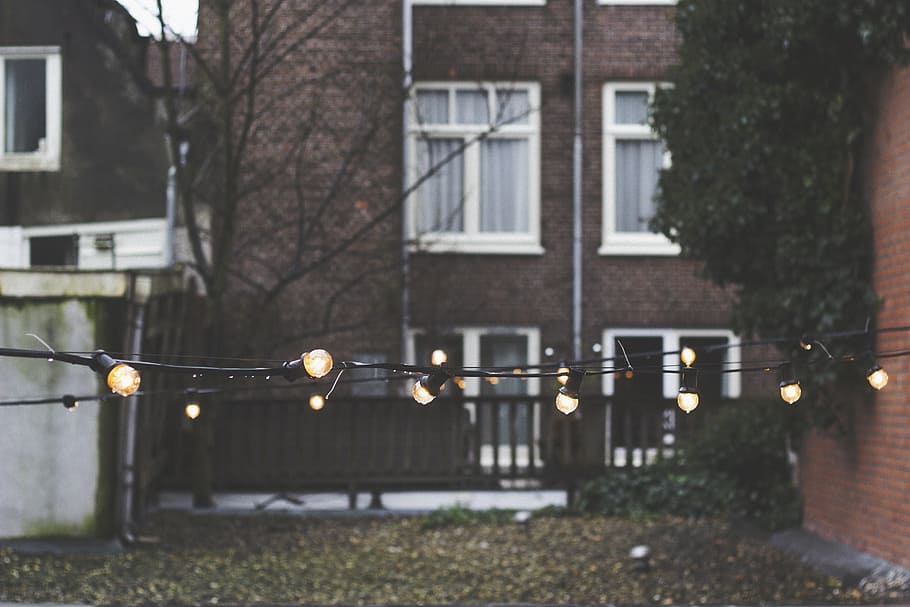 turned on string lights, party, backyard, autumn, apartment HD wallpaper