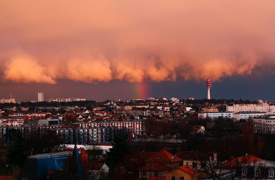 rainbow, sunset, sky, storm, building exterior, architecture HD wallpaper