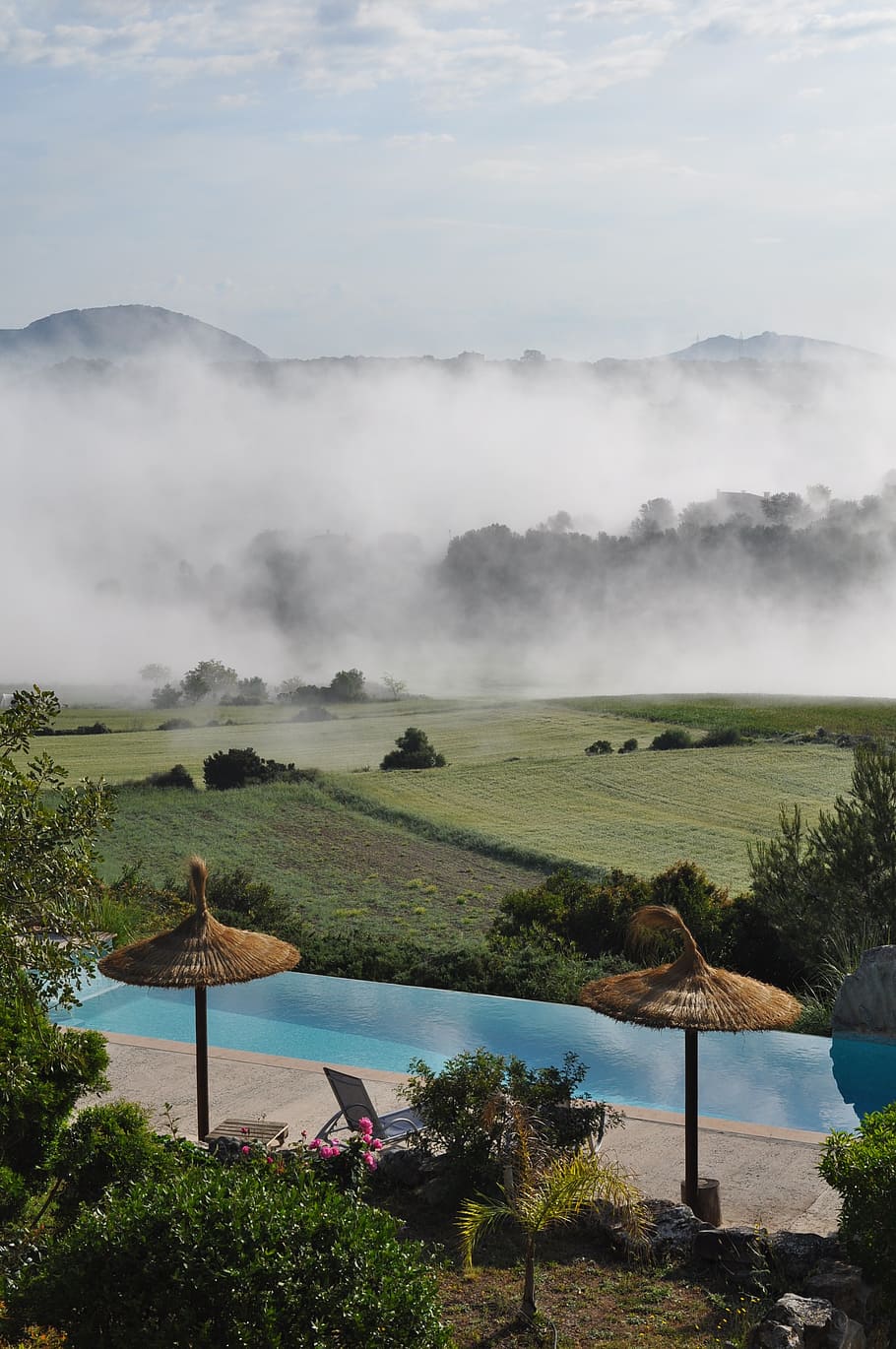 clouds, mountains, nature, pool, landscape, fog, sky, mallorca HD wallpaper