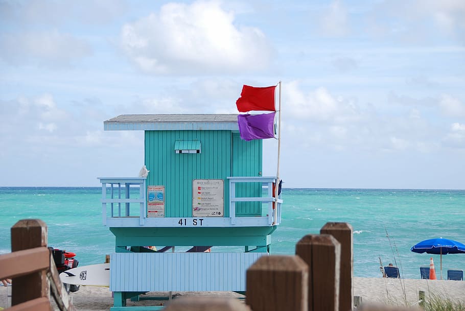 teal and white beach stand near water, miami, sea, sky, cloud - sky HD wallpaper