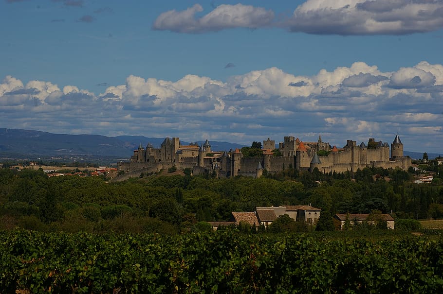 carcassonne, cloudiness, landscape, castle, france, clouds, HD wallpaper