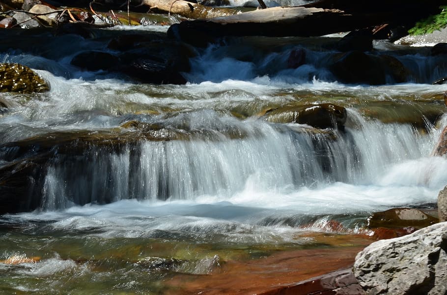 waterfall, wilderness, rushing water, rocks, flow, river, lake HD wallpaper