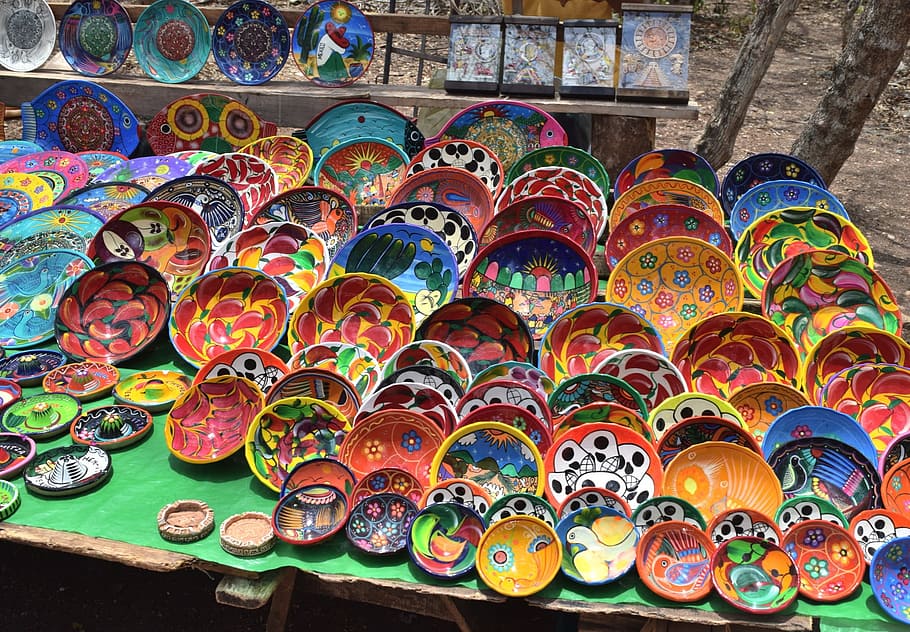 Plates, Market Stall, Decoration, mexio, handicraft, artisan, HD wallpaper